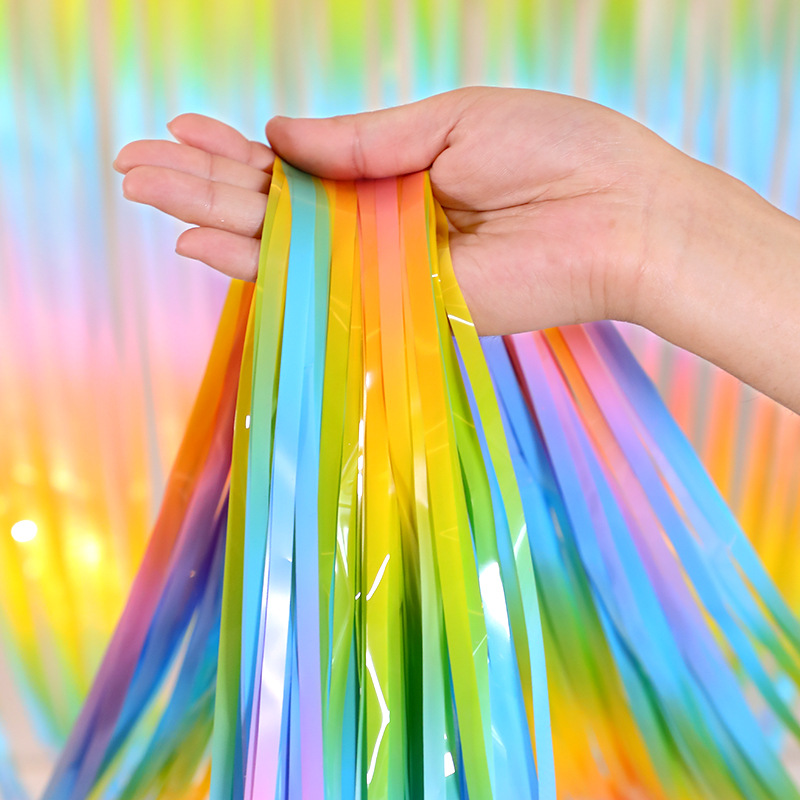 New in-stock style gradient rain silk curtain 2-meter macaron-colored tassel balloon wedding room party background wall curtain decoration pic 1