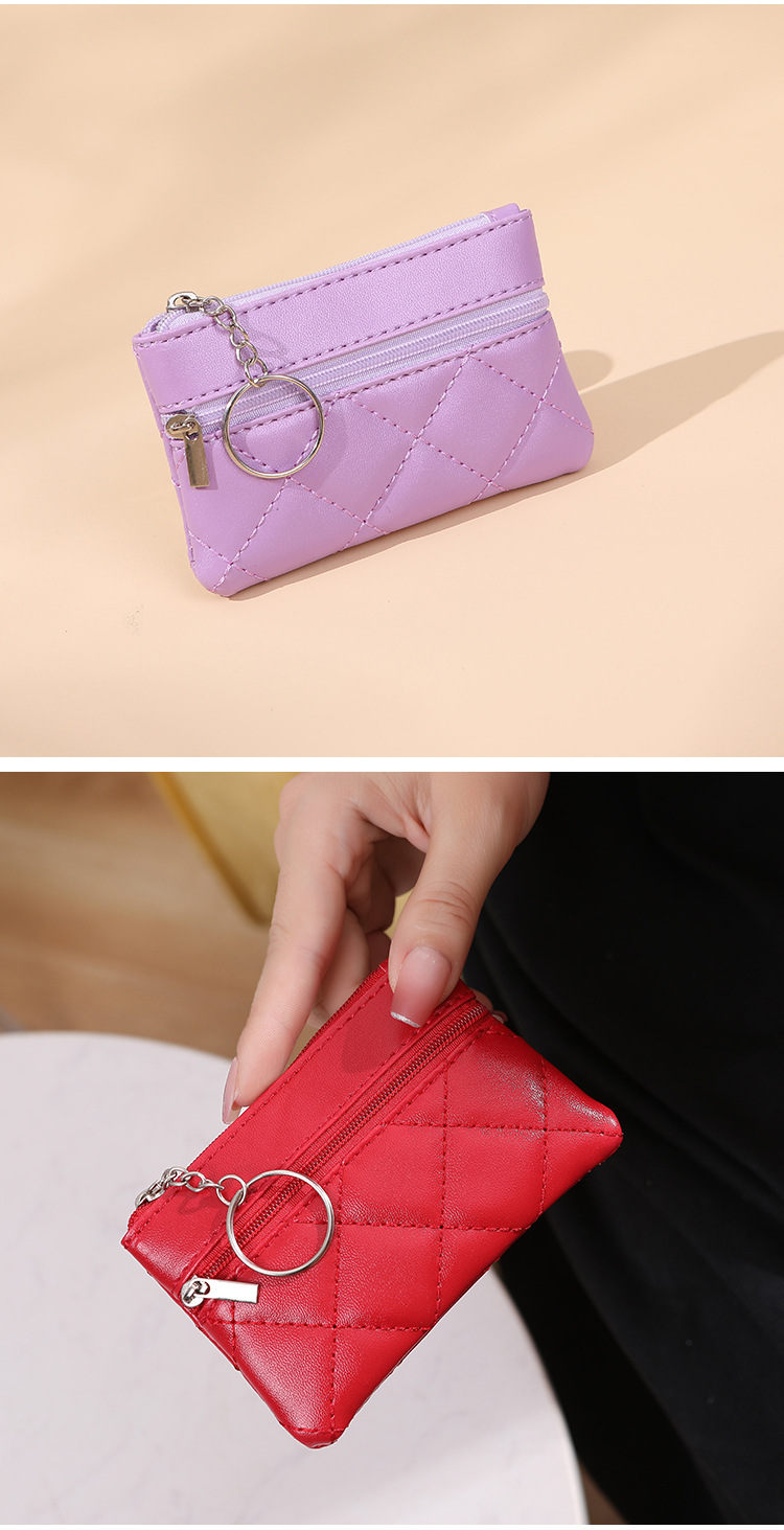 新款钱包女双层短款手拿包时尚菱格绣线卡片钥匙包迷你零钱包潮详情8