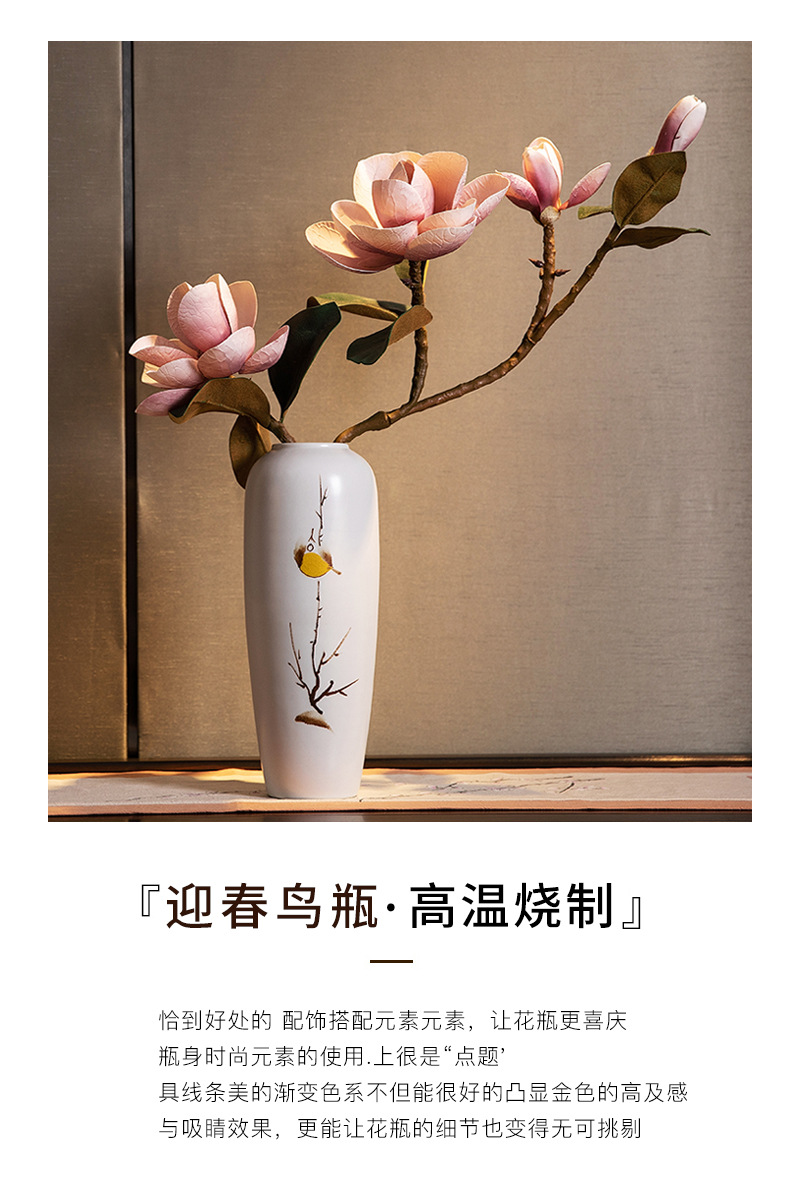 Jingdezhen ceramic hand-painted Spring bird vase, tea room decoration, dried flower arrangement, living room three-piece set decoration pic 3