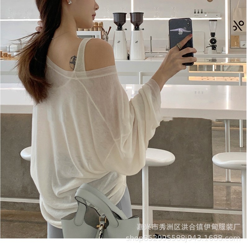 A two-piece set of woolen sun protection long-sleeved knitted top and vest for women in Spring/Summer 2024, featuring a thin, loose and casual cardigan T-shirt pic 7