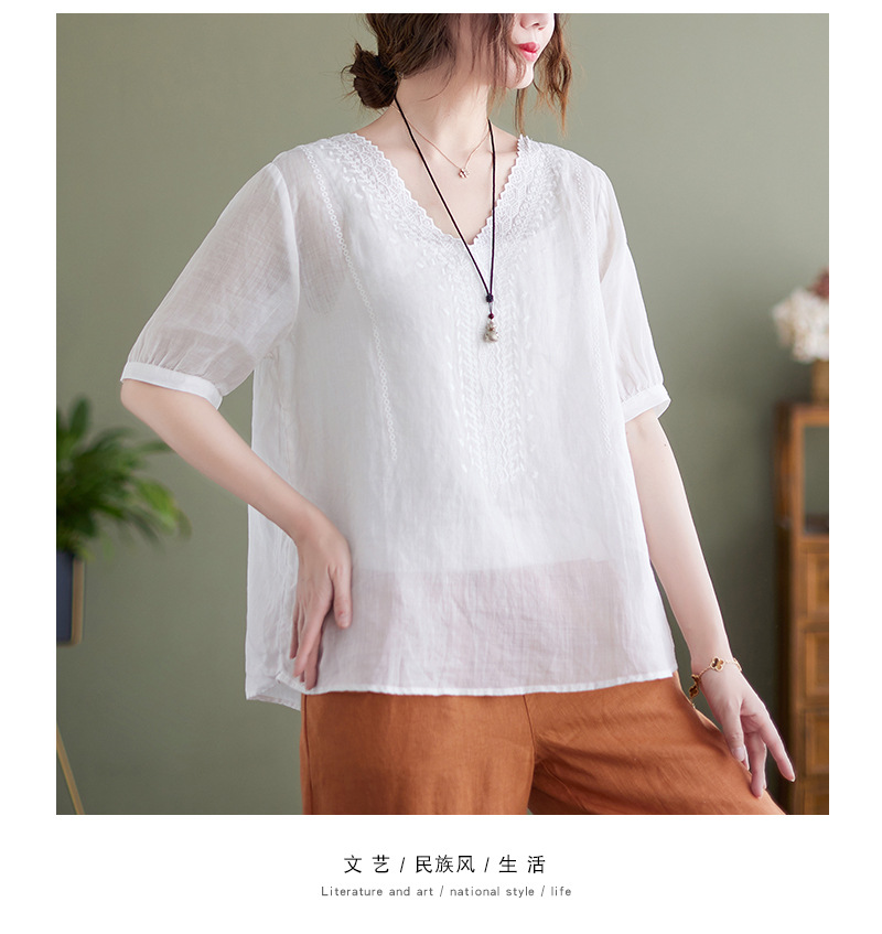 实拍2022年夏季薄款棉麻文艺复古刺绣宽松显瘦短袖上衣T恤衫女详情13