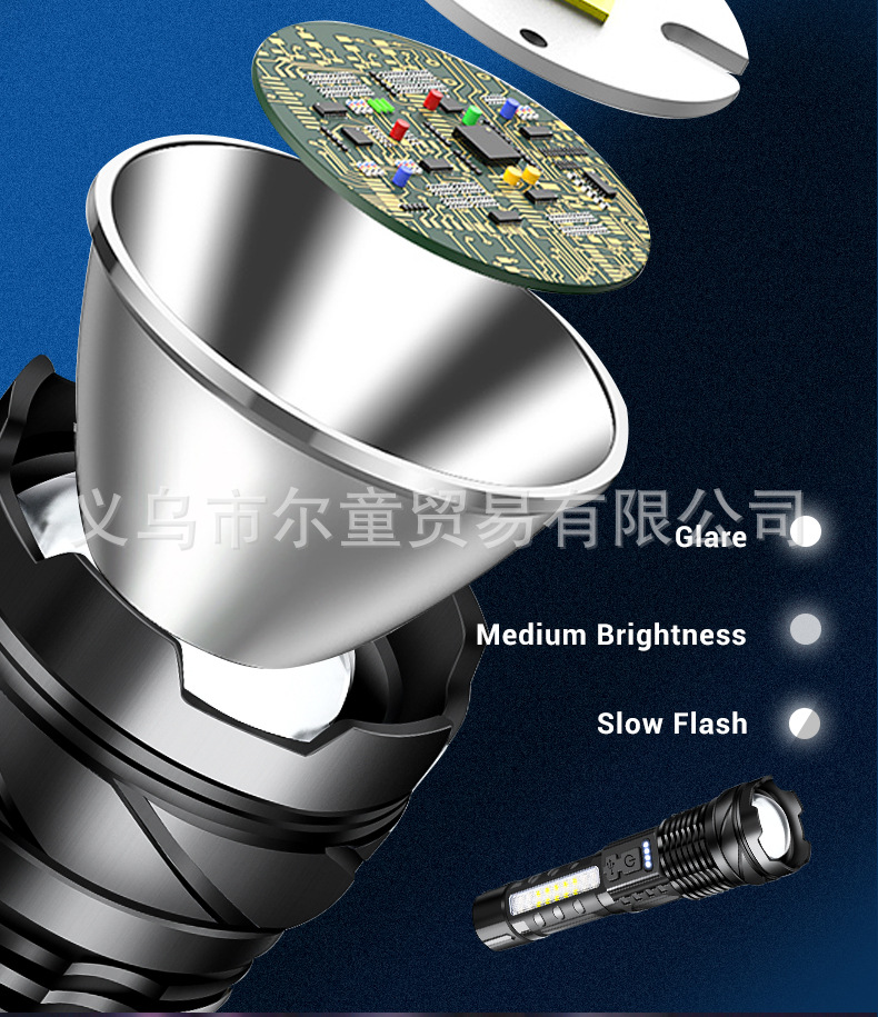 New white laser flashlight with telescopic zoom, USB charging, power display, outdoor lighting, COB side light and strong light pic 9