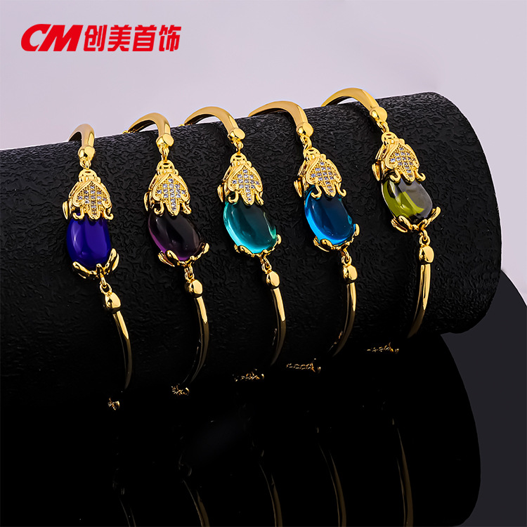 Chuangmei Jewelry Amazon cross-border European and American imitation sapphire bracelets, emerald-plated 24K gold PI Xiu bracelets for women pic 1