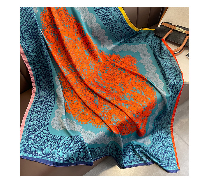 A classic blue and orange large flower 110 faux silk scarf with a large square scarf and a shawl on the outside. A girl gives it to her mother pic 29
