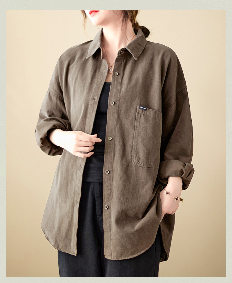 4色入纯色翻领长袖衬衫外套女宽松2024秋季新款文艺大口袋衬衣潮详情27