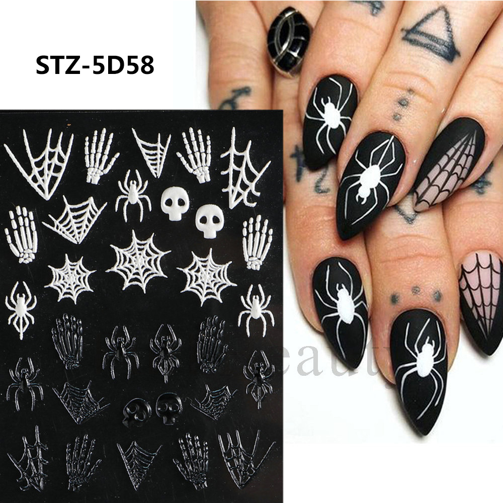 Wholesale of new cross-border 5D relief three-dimensional nail stickers, spider web pumpkin skull Halloween nail stickers, shanilak pic 9