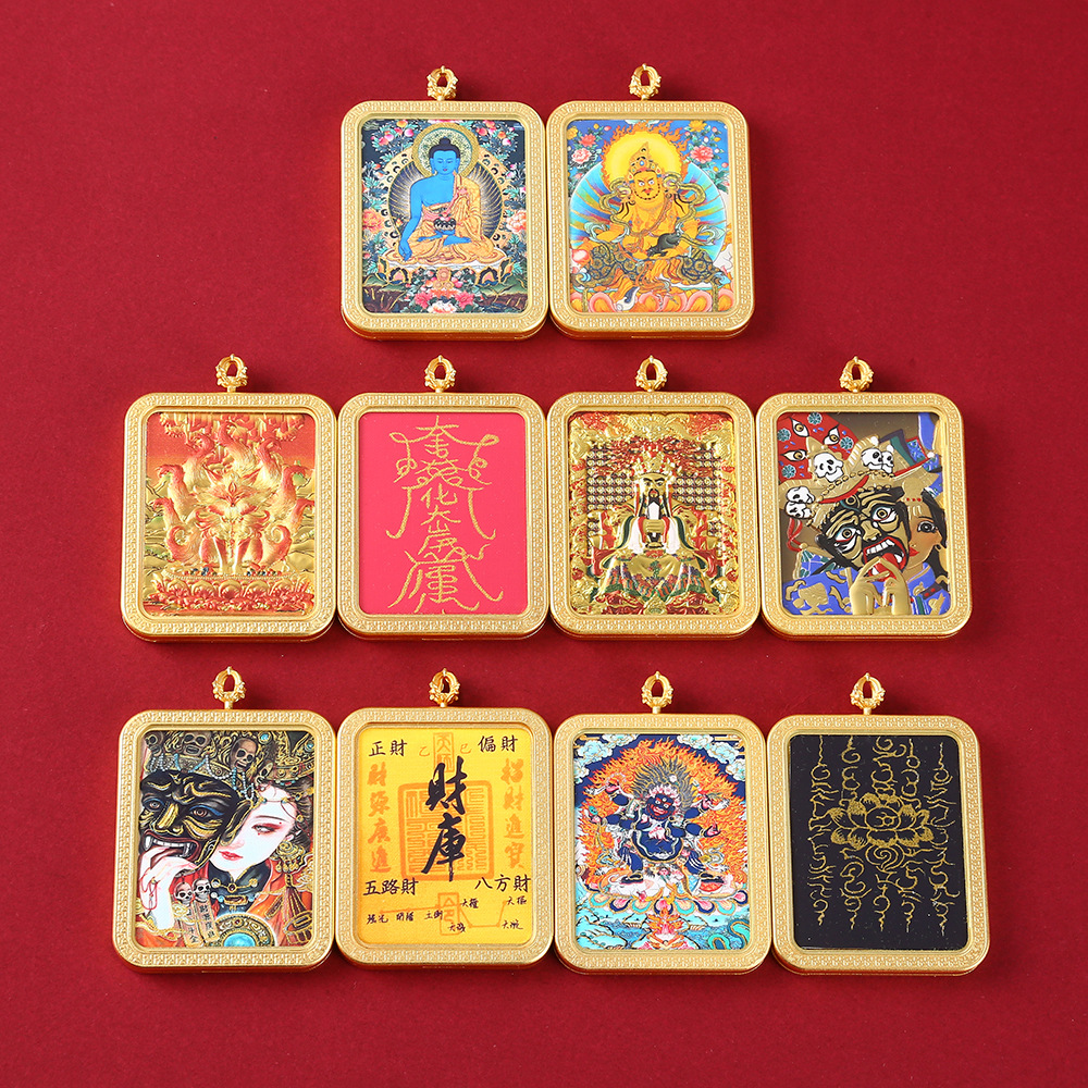 藏式半手绘双面唐卡吊坠 扎基拉姆唐卡 五台山龙五爷黄铜工艺品详情1