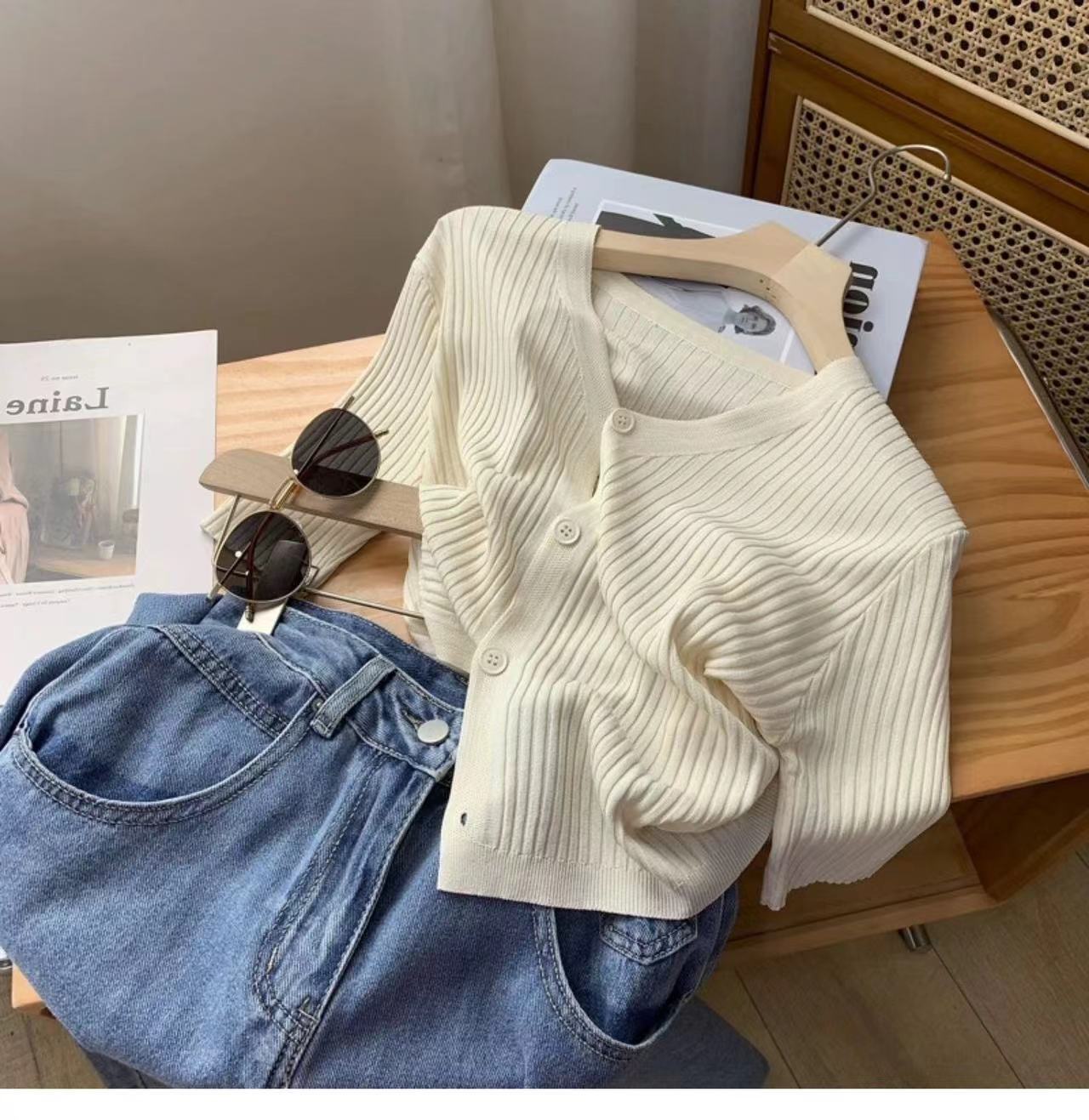 Apricot-colored V-neck knitted short-sleeved T-shirt for women, summer ice silk cardigan, Hong Kong-style chic. Pair it with a short cropped top and off-the-shoulder top pic 5