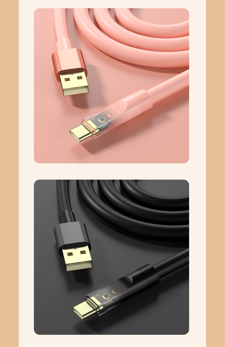 现货镀金透明硅胶数据线6A加粗100W超级快充带灯2米加长手机线详情15