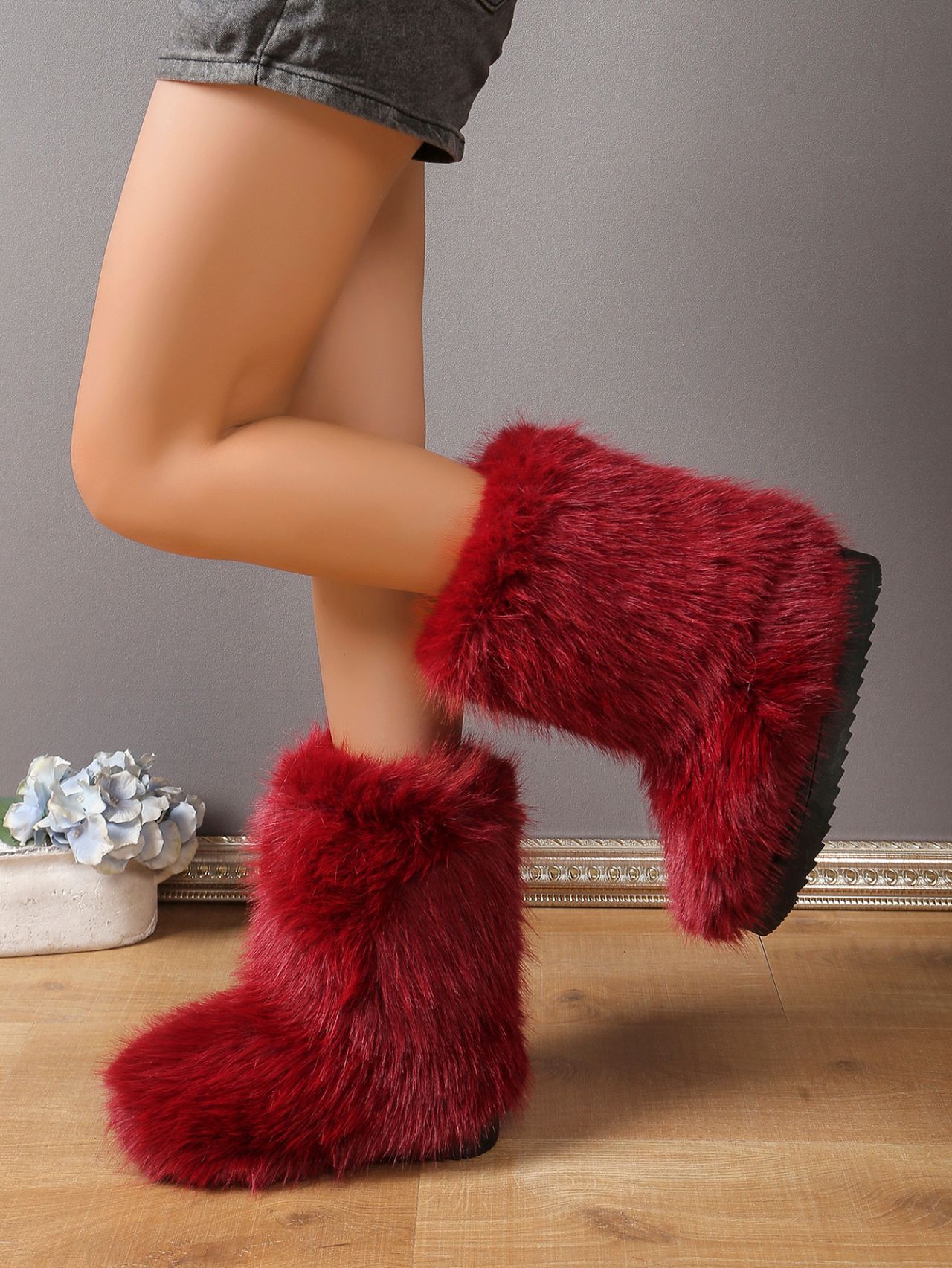 跨境新款毛毛靴子冬季保暖加绒雪地靴女大码中筒靴子44码外贸靴子详情46