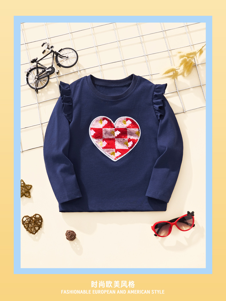 2024新品女童长袖T恤女宝宝秋冬卡通爱心珠片童装上衣儿童打底衫详情3