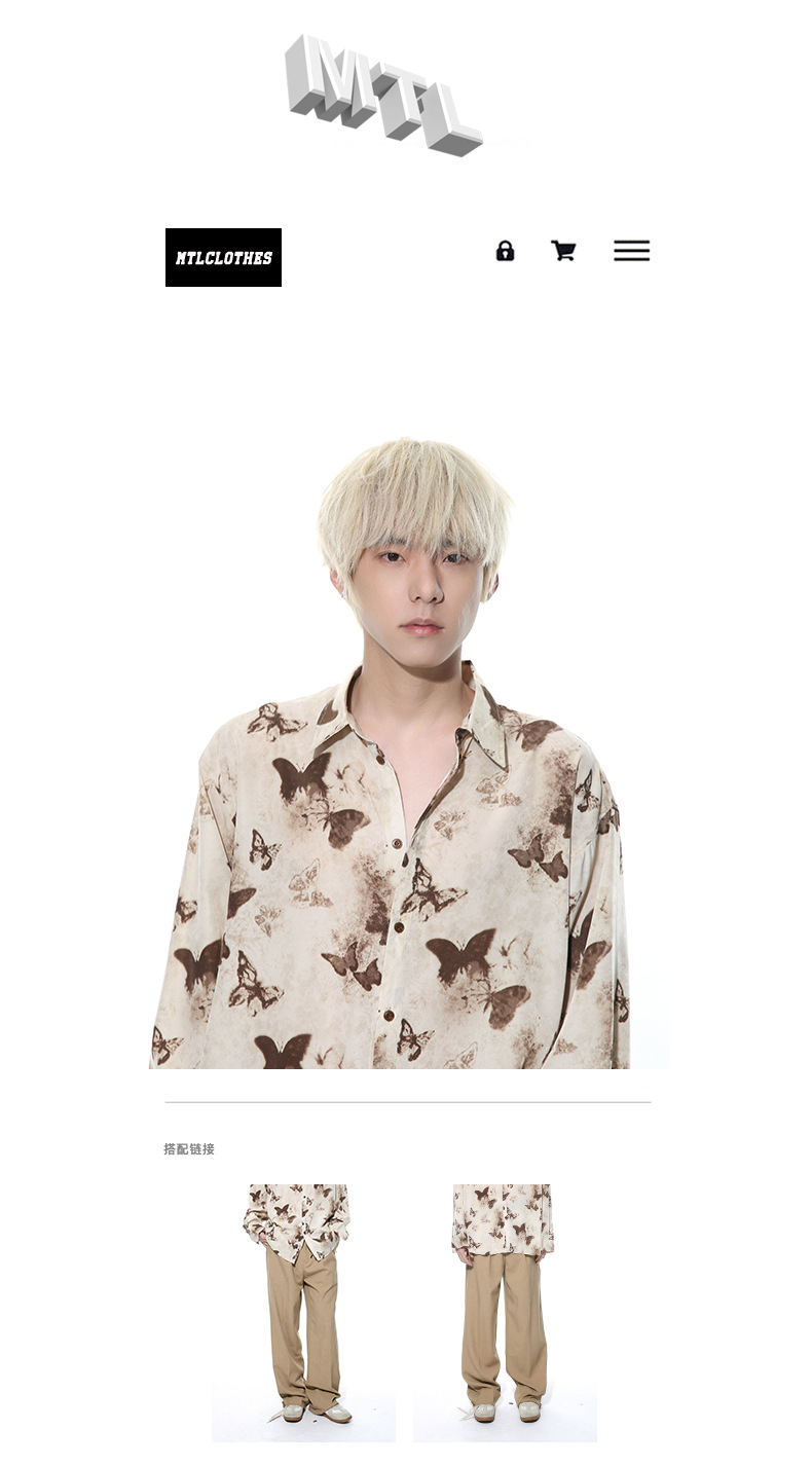 MTLCLOTHES男装|2024春款新品 国风复古创意蝴蝶水墨满印花衬衫潮详情4