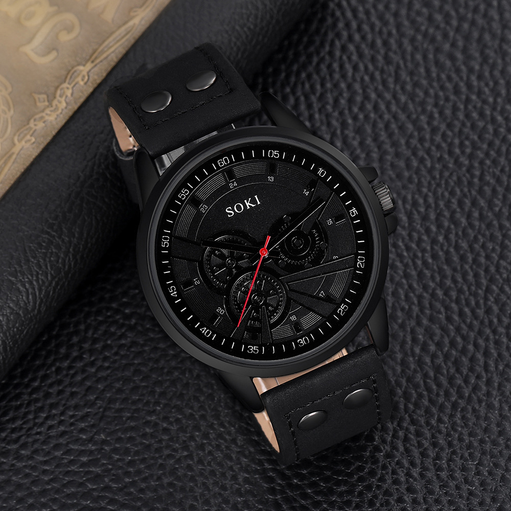 SOKI 运动男士石英时尚皮带军表学生日历腕表套装速卖通爆款批发详情4
