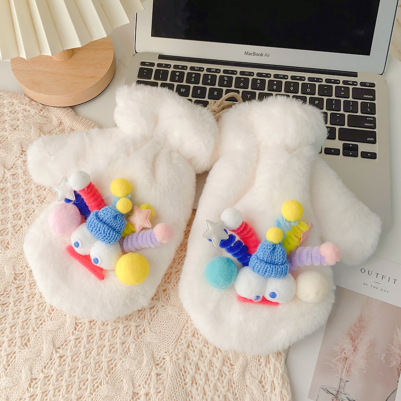 可爱搞怪小怪兽毛绒手套女学生情侣冬季加绒加厚保暖防寒骑行挂脖详情5