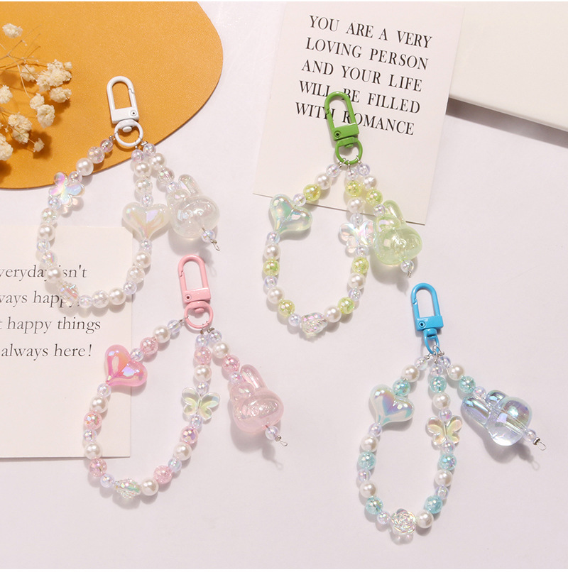 New translucent rabbit figurine keychain pendant, cute glitter pink heart burst bead chain accessory, headphone case decoration pic 7