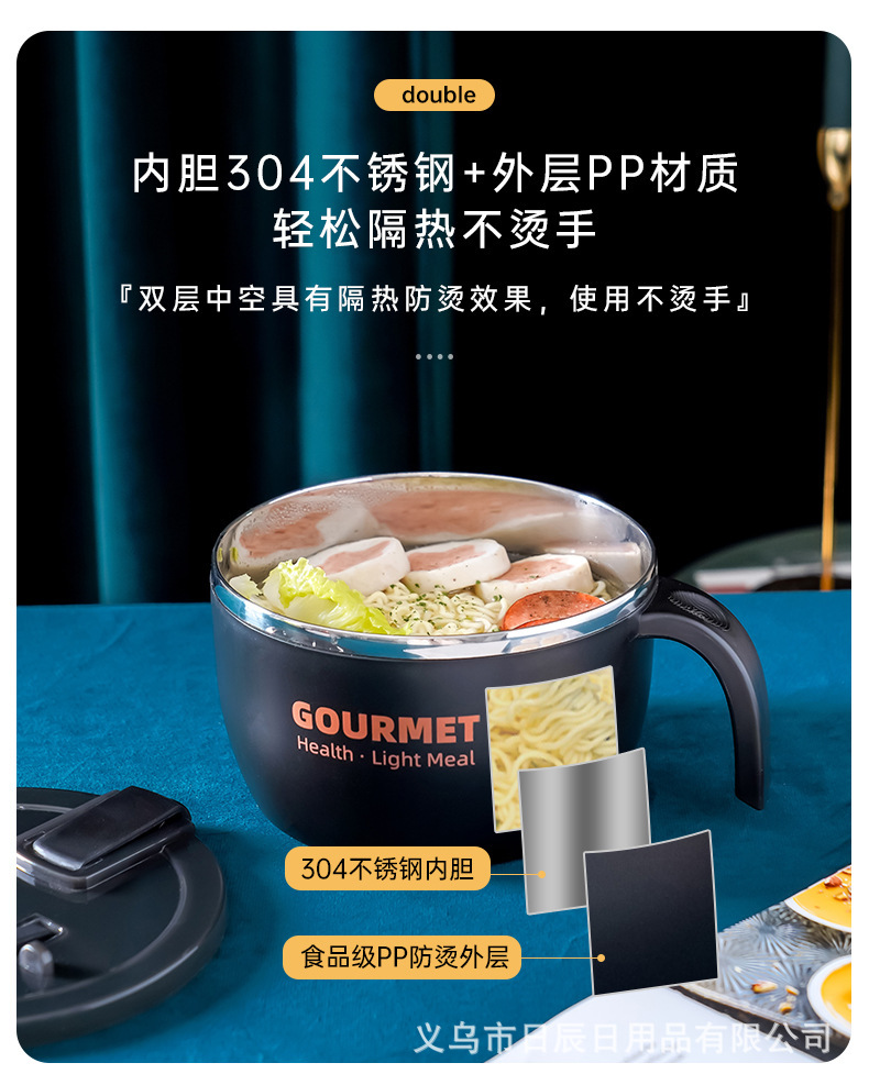 304不锈钢泡面碗可沥水 带盖宿舍日式可爱学生女食堂打饭碗快餐碗详情7