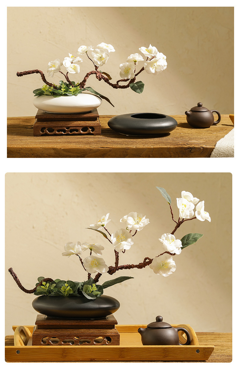 Chinese-style Zen-inspired creative ashtrays, flat-shaped oval vases, peach blossom art sets, tea room and living room soft decoration items, Ins-style home furnishings pic 7