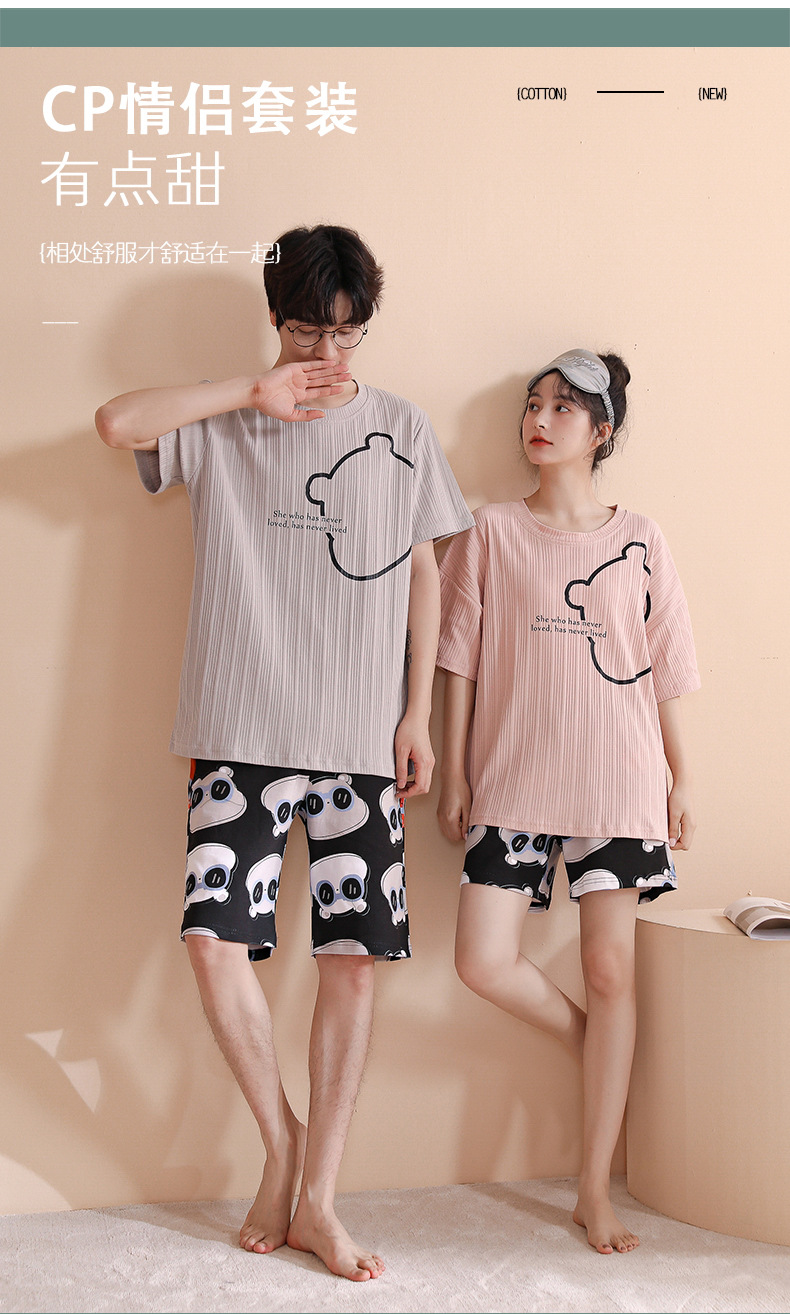 Novedades pareja manga corta pantalones cortos pijamas mujer verano slim algodón peinado hombre traje de hogar suelto casual cartoon pic 125