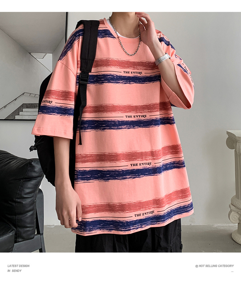 全棉条纹短袖T恤男2024港风青少年百搭宽松五分袖纯棉体恤衣服潮详情7