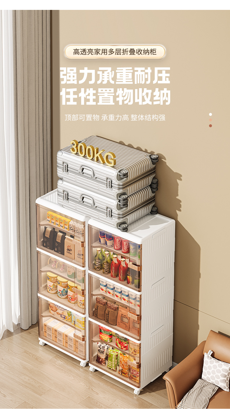 超大号客厅零食饮料收纳箱带轮可移动储物柜侧开门透明折叠收纳柜0414详情9