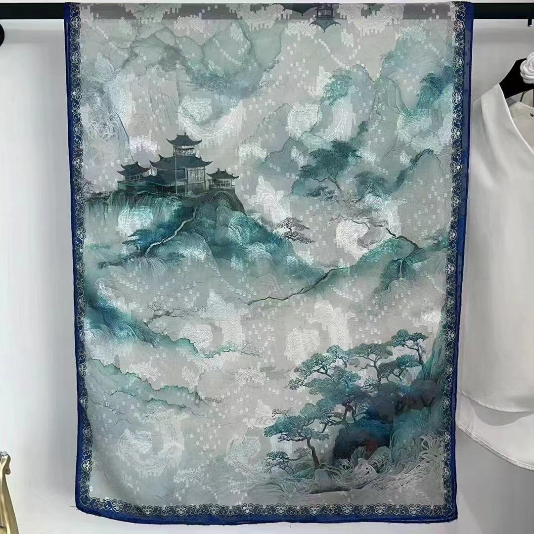 国潮新款仿香云纱大长巾女丝巾花萝仿真丝披肩围巾优雅中国风领巾复古详情4