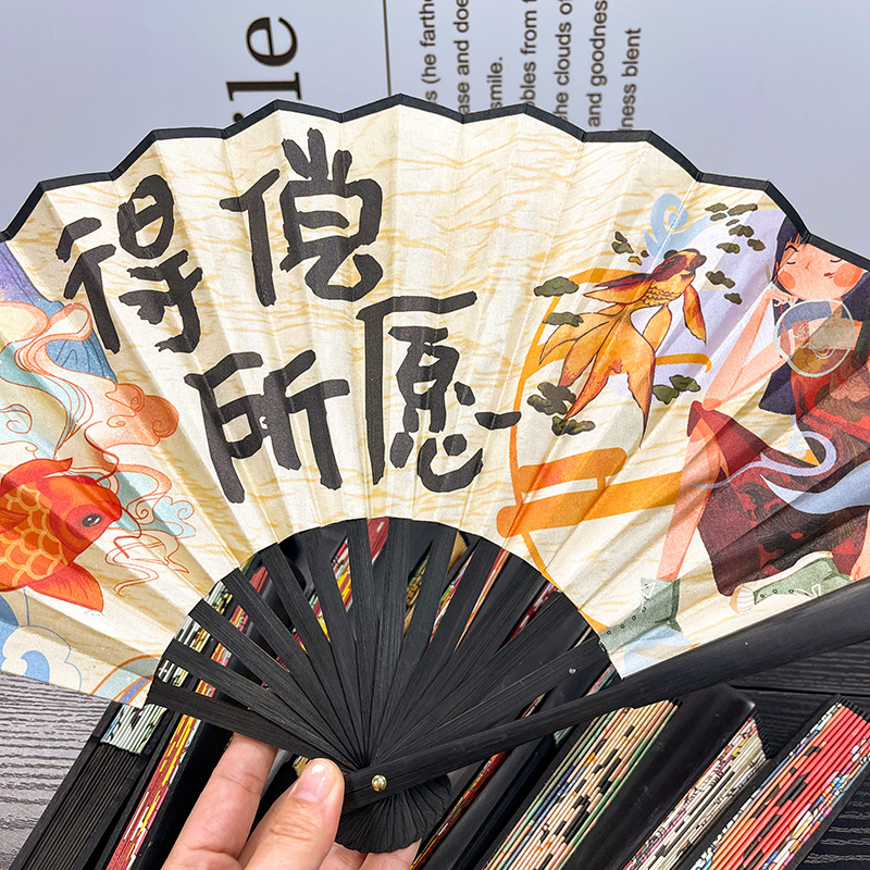 国潮古风10寸男扇中国风双面图案印刷折扇表演道具绢布扇子批发详情7