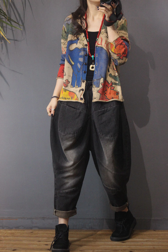 Spring 2021 new printed knitted cardigan for women, retro ethnic style, loose, large-sized, slimming long-sleeved top pic 6