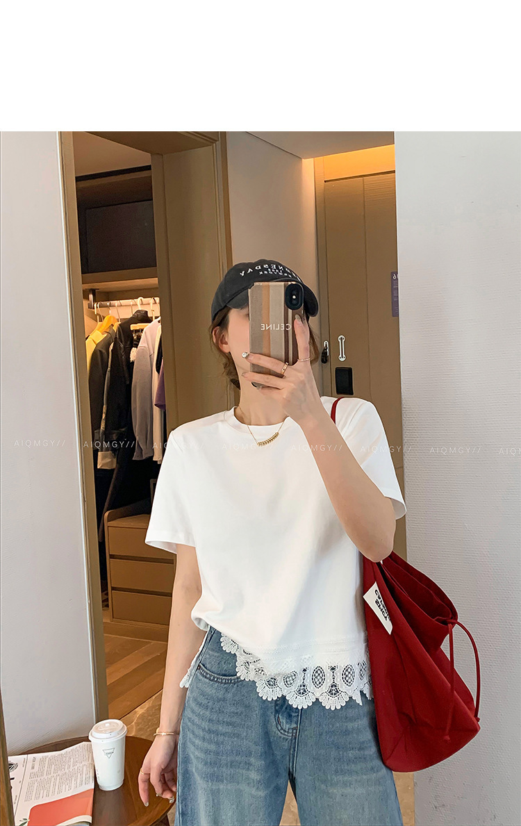 A new loose top for women in the summer of 2025, featuring a white round-neck short-sleeved lace trim patchwork T-shirt pic 3