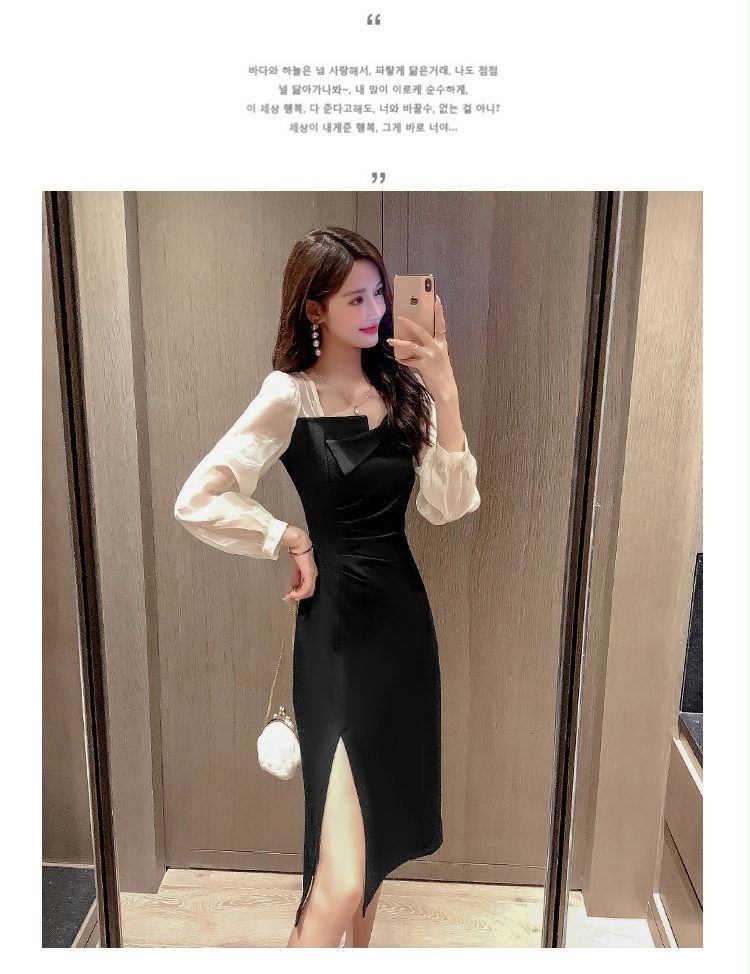 跨境连衣裙女秋季2022新款设计感法式复古赫本风黑色开叉长袖裙子详情9