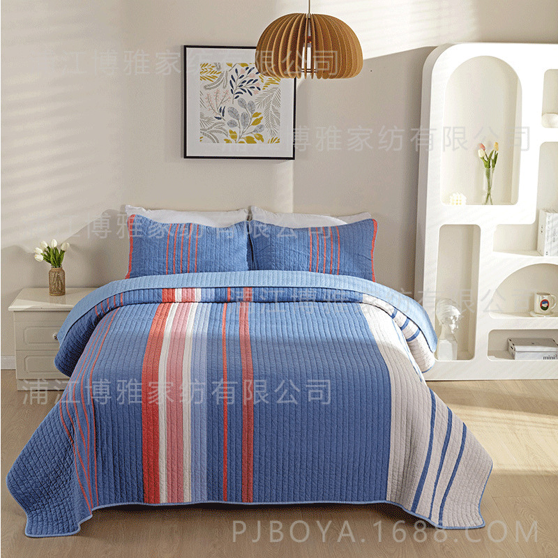 Simple and high-end quilted quilt, blue striped pure cotton three-piece bed cover, spring and summer air conditioner quilt, washed quilt wholesale pic 4