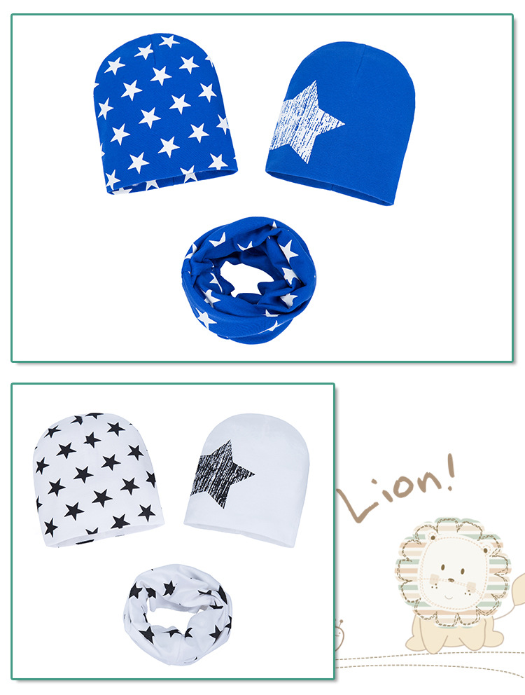 定制婴幼儿针织帽三件装 男女宝宝印花帽子围巾 无檐儿童围脖帽子详情12
