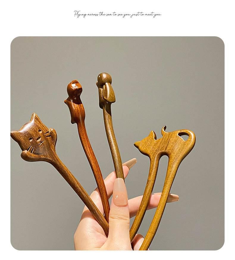 国风国潮可爱猫咪发簪女古风新中式木质发张簪子u型发钗檀木小众木簪头饰详情5