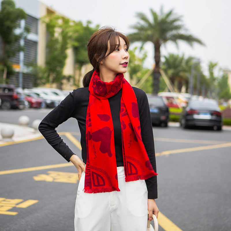 Autumn and winter silk velvet long scarf, Chinese red tassel warm scarf, company annual meeting souvenir shawl for women pic 33