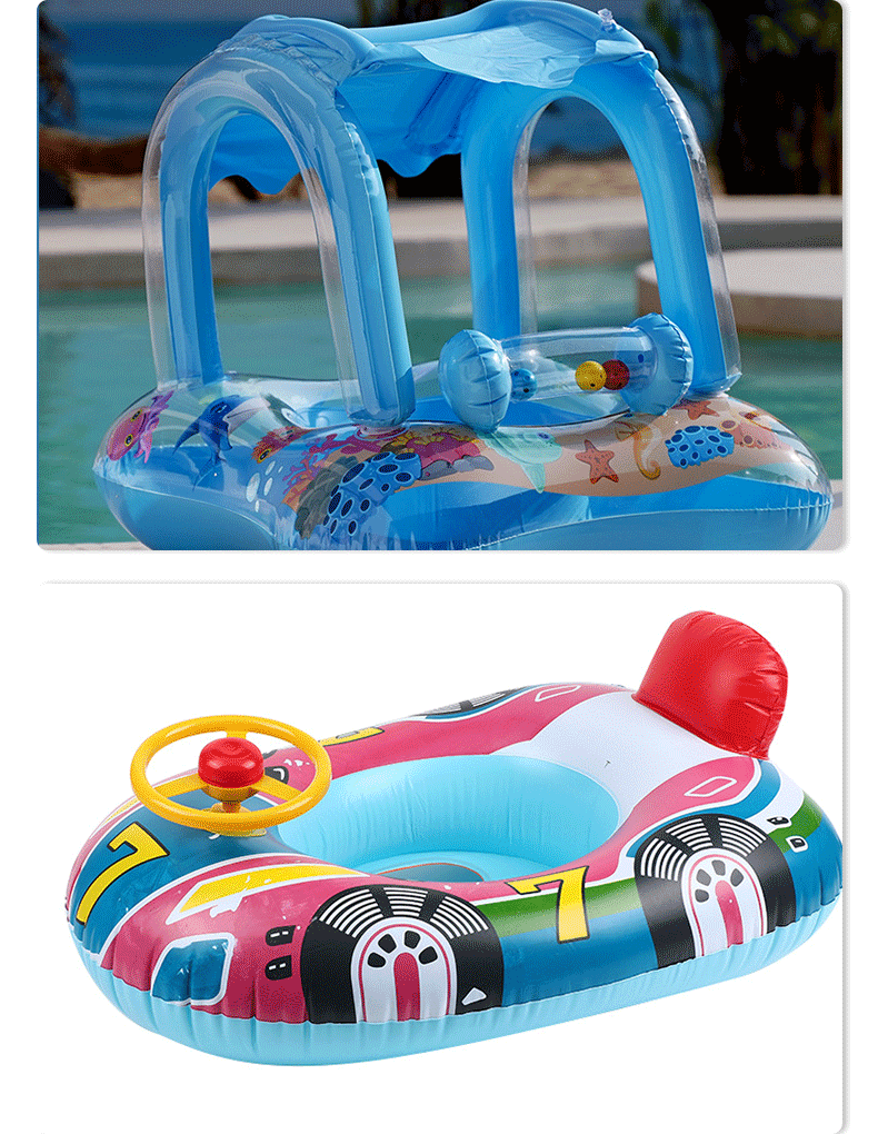 跨境卡通汽车坐艇PVC带方向盘泳圈铃铛遮阳座艇充气坐圈详情7
