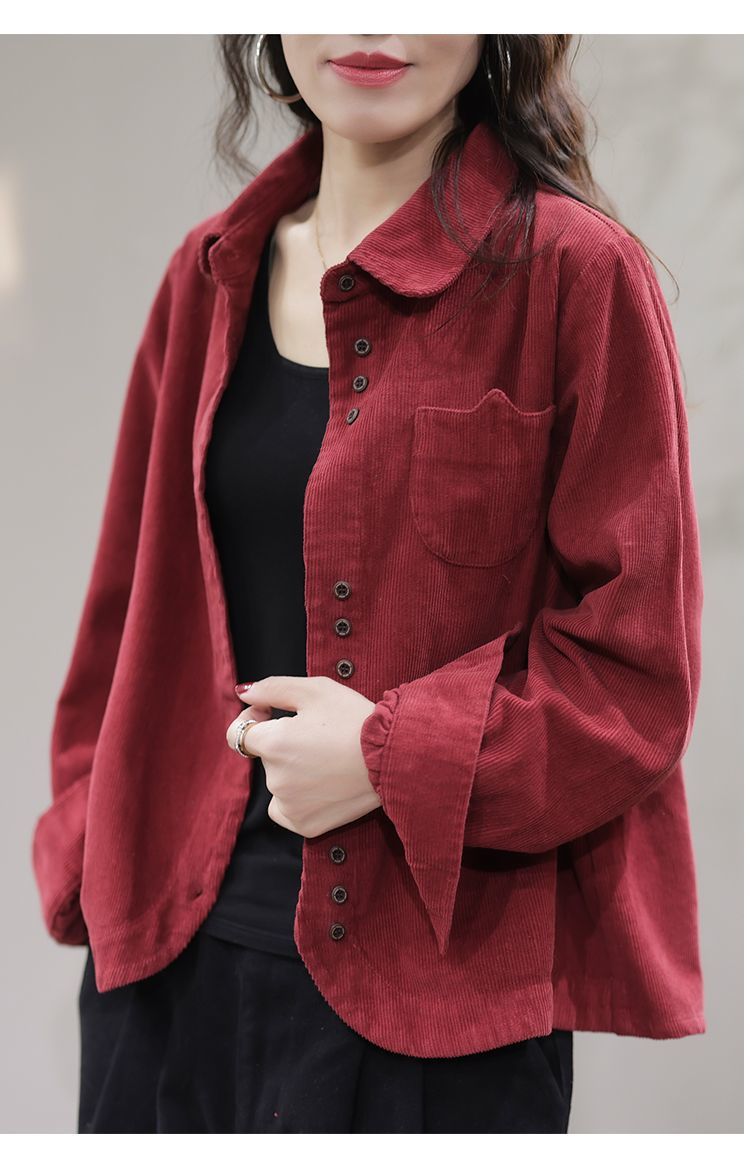 【现货】秋季衬衫文艺休闲时尚黑色长袖翻领灯芯绒女装衬衣开衫女详情8