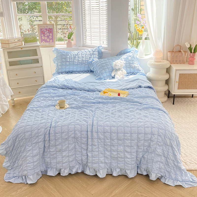 Simple style bubble gauze summer quilt four-piece set, high-end solid color washed cotton bed sheet, bed skirt, quilt cover, dormitory three-piece set pic 23
