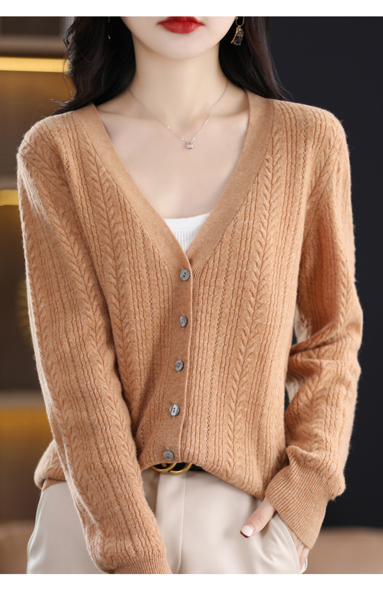 绒狼2023秋冬新款女士V领羊毛针织麻花开衫宽松长袖短款外套女详情15