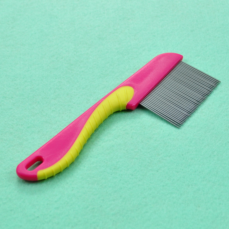 Pet comb, long needle, dense teeth, flea comb, colorful plastic grooming comb, pet stainless steel needle pic 1