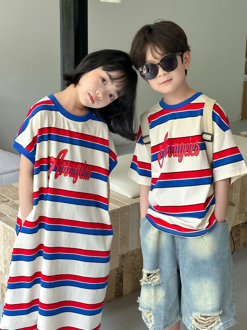 童T恤2024夏男童女童韩版彩色条纹短袖儿童圆领中长款宽松卫衣裙详情16
