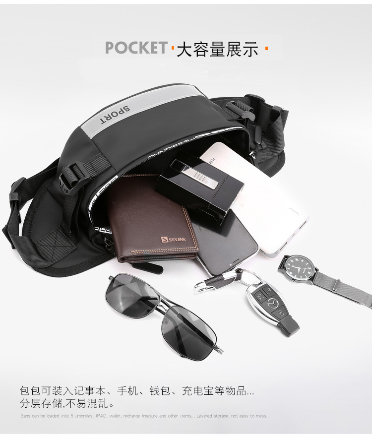 男士大容量腰包返光尼龙斜挎包韩版时尚新款生意收银胸包一件代发详情6