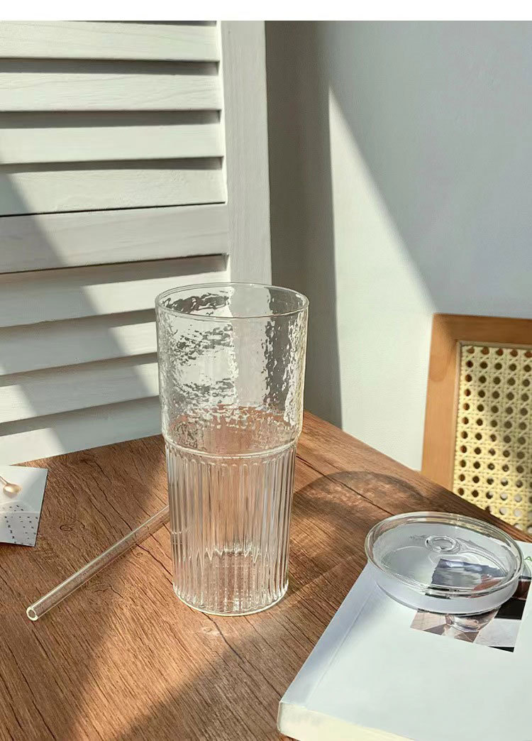 ins风竖条纹玻璃杯喝水杯子带盖高颜值家用牛奶杯夏季大容 量水杯详情11