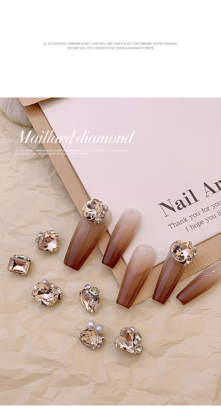 Champagne-colored pile diamond ball nail art accessory finished product, fat square, crooked heart, peach heart, axe pile diamond, super shiny nail decoration diamond pic 7