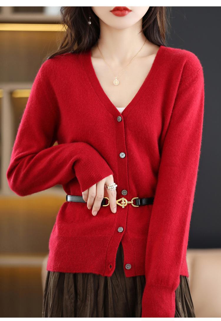 New Spring and autumn knitted cardigan for women, V-neck loose short solid color long-sleeved versatile sweater coat made of wool blend pic 33