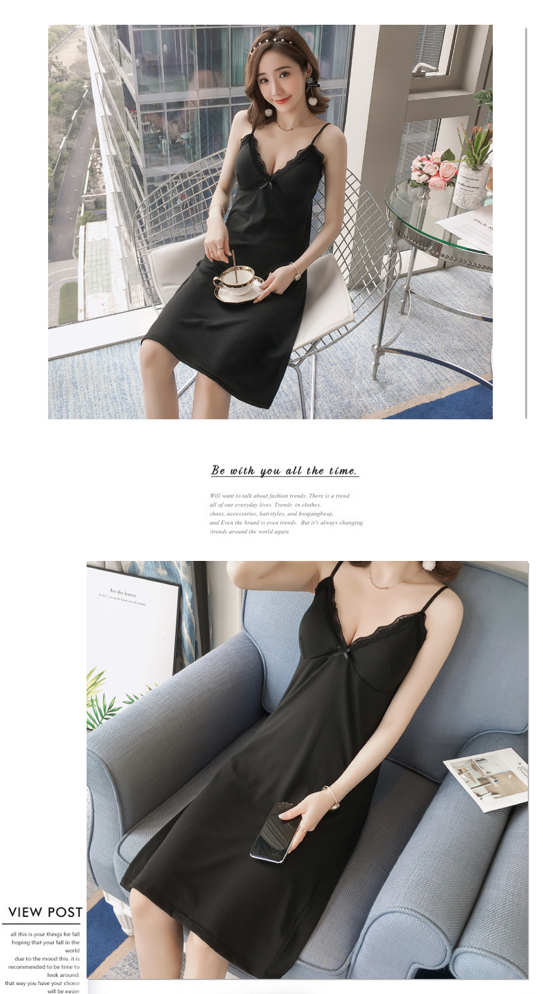 Invisible cushioned halter nightgown for women, sleeveless vest, V-neck lace mid-length skirt, home wear pic 7