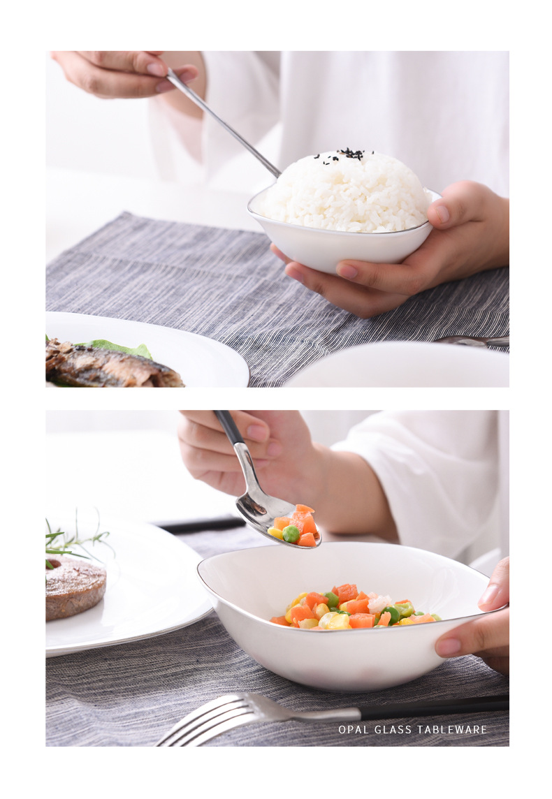 Opal Glassware, white edged-edged square bowls and plates, white jade porcelain bowls, soup bowls, noodle bowls, salad bowls pic 8