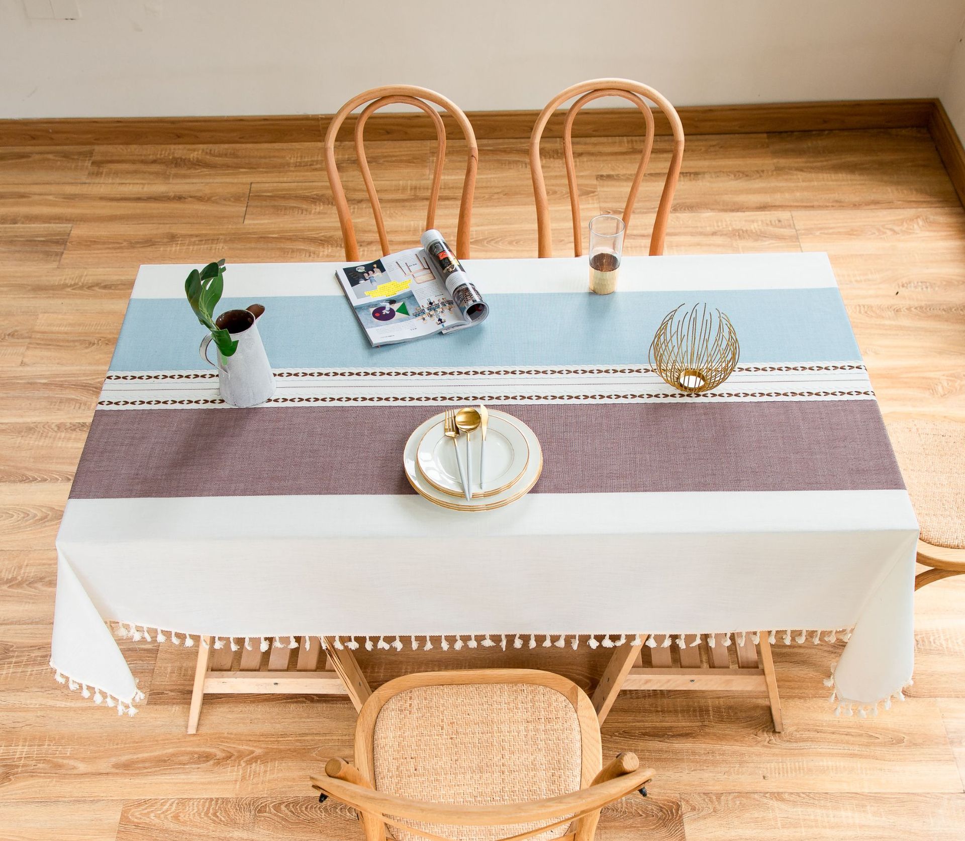 Cross-border Japanese color-blocking and color-blocking embroidered tassel tablecloths, kitchen, dining room, party, family table cover decoration, cotton and linen pic 18