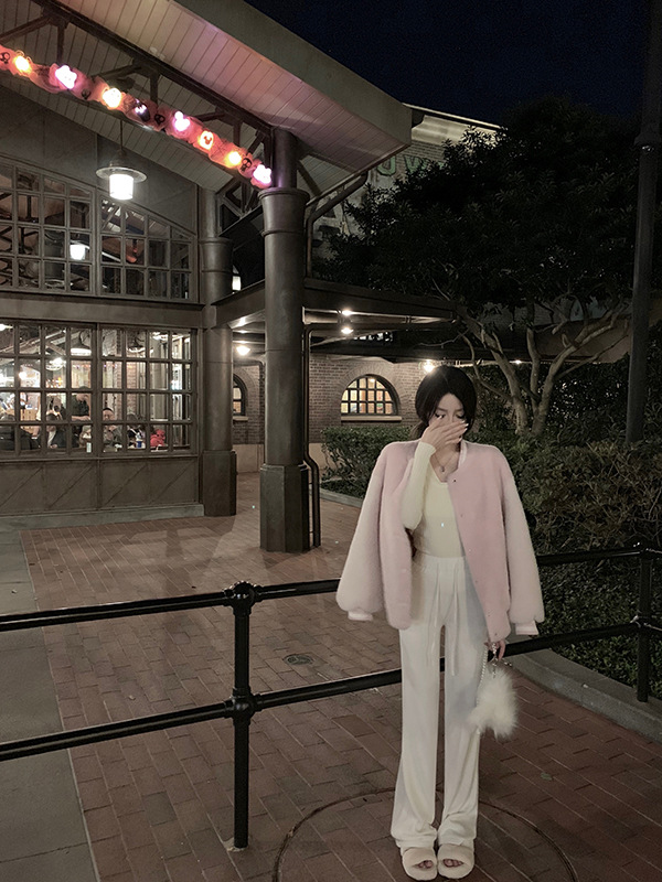 颗粒绒棒球服羊羔毛皮草外套女撞色时尚粉色羊剪绒皮毛一体大衣冬详情15