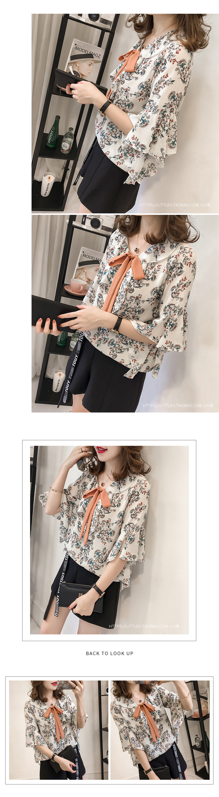 Summer new collection: A fresh and delicate floral chiffon blouse with a bow tie for women, a three-quarter sleeve ruffled top and a base layer for women pic 6