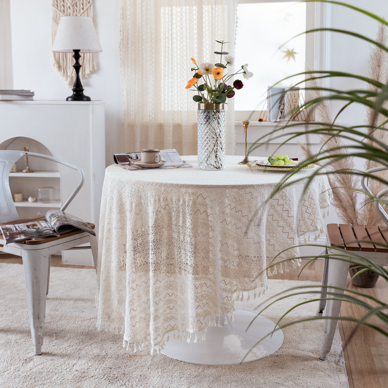 National trend retro hollowed-out lace cover fabric, ins style rectangular white country tablecloth, round table and small round tablecloth pic 25