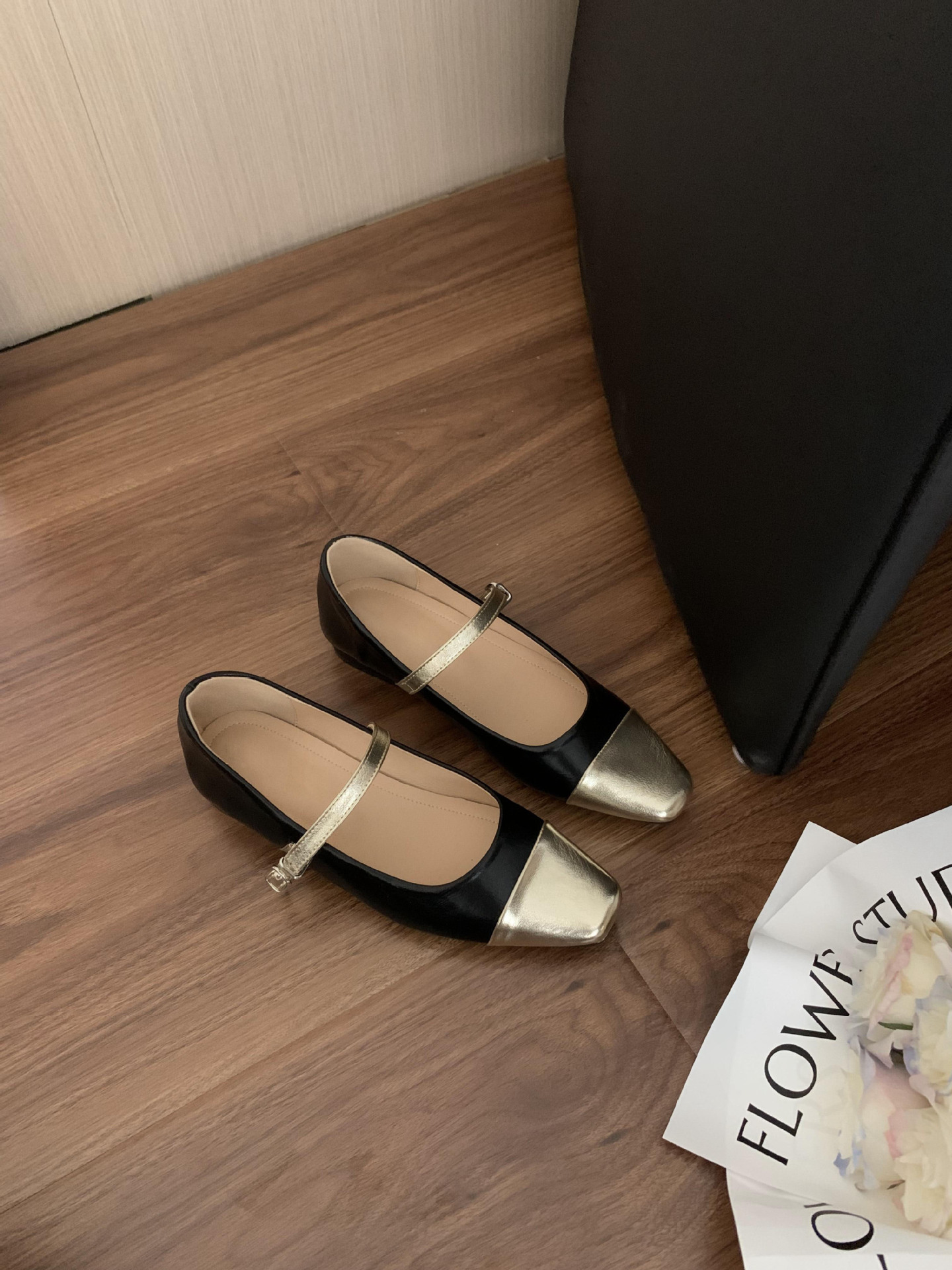 2023新款时尚方头全包百搭高跟鞋女法式拼色小香风平底玛丽珍鞋女详情16